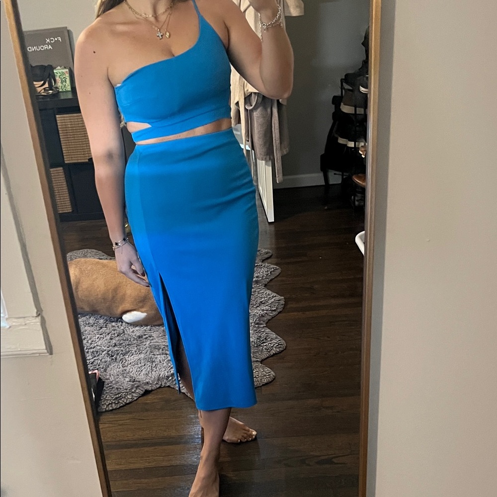 Lulu's Vibrant Blue One-Shoulder Midi Two Piece Set